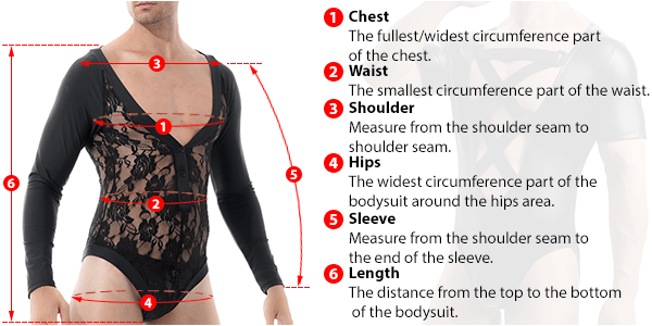 This picture shows how to measure Male Sexy Clothing size by EVE's Secrets.
