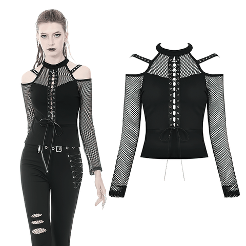 Edgy Lace-Up Black Fishnet Long Sleeve: Make a Statement.