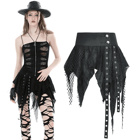 Dark Mini Skirt with Attitude: Torn Fishnet and Bold Fringe.