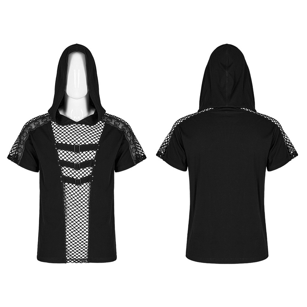 Fashionable Hooded Tee with Punk Flair and Mesh Details.
