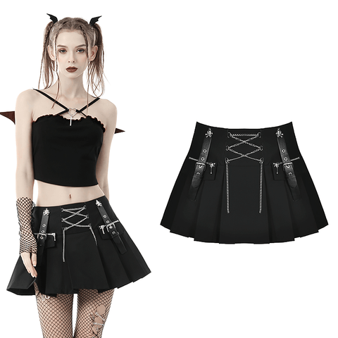 Punk-inspired Pleated Mini Skirt featuring Chains and Straps.