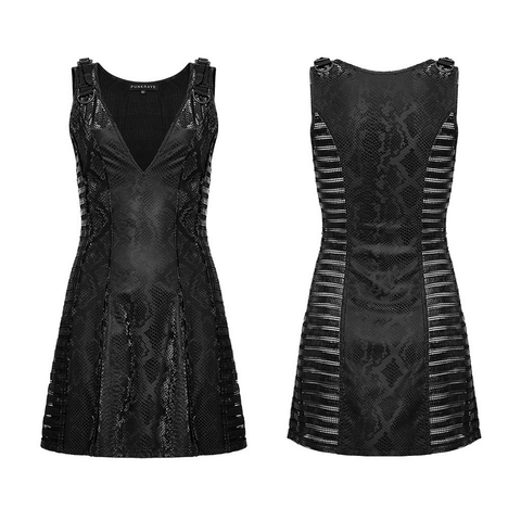Mesh and Faux Leather Punk Dress with a Deep V-neck.