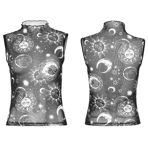 Gothic Top: Sun and Moon Print on Black Mesh.