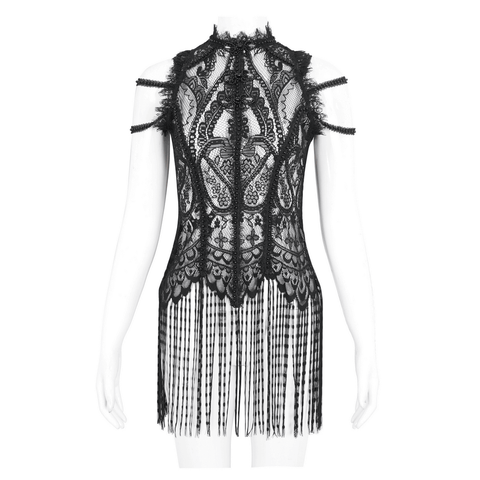 Chic Women's Top with Black Lace Overlay and Fringe.