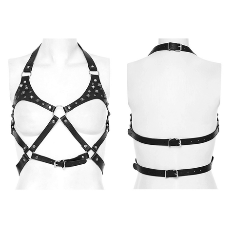 Spiky Stud-Embellished PU Leather Halter Neck Harness.