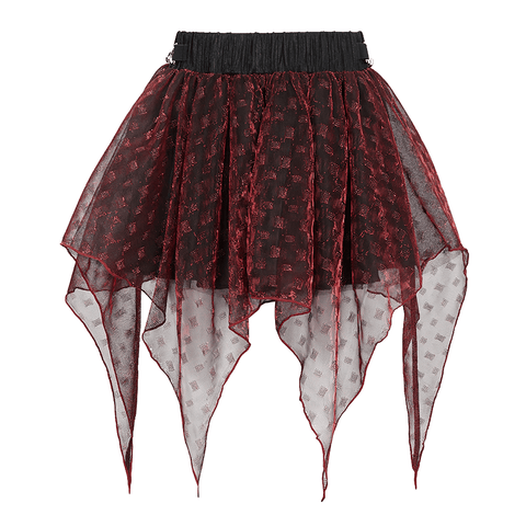 Women's Wine Red Mesh Skirt with Irregular Layers.