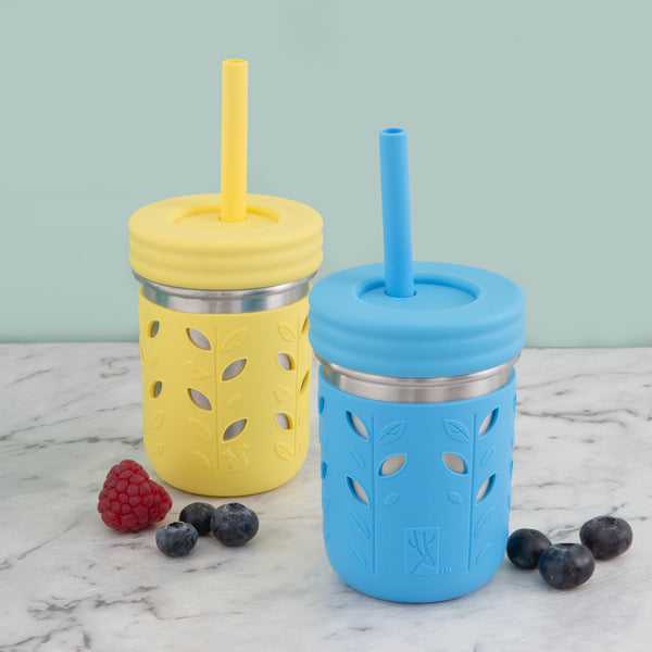 Elk and Friends Kids & Toddler Cups | The Original Glass Mason jars 8 oz  with Silicone Sleeves & Silicone Straws with Stoppers | Smoothie Cups |  Spill