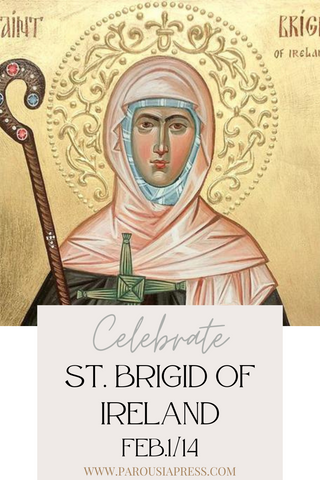 icon of St. Brigid with gilded halo, holding shepherd's staff
