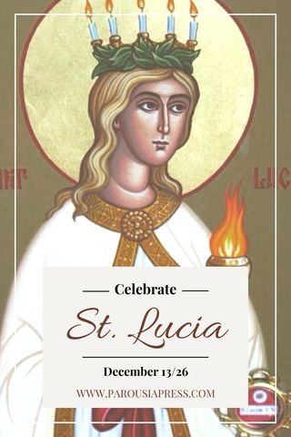 Icon of St. Lucia with a candle wreath on her head and title "Celebrate St. Lucia"