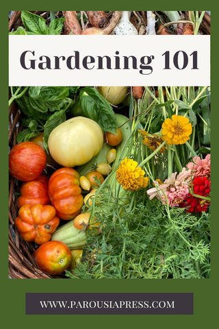 Garden bounty with banner saying "Gardening 101"