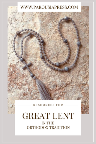 Gray prayer rope on a stone background with words "Orthodox Resources for Great Lent"