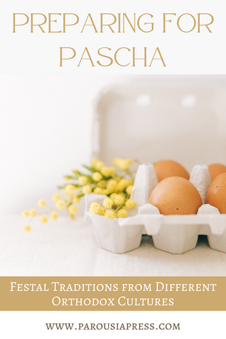 Preparing for Pascha text with open egg carton, brown eggs, and yellow flowers