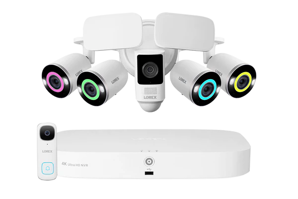 Lorex Fusion 4K 16 Camera Capable (8 Wired + 8 Wi-Fi) 2TB NVR System with 4 Smart Security Lighting Bullet Cameras, One 2K Wired Doorbell, and One 2K Floodlight