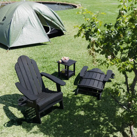 2 Black Foldable Adirondack Chairs with Cup Holder with a side table