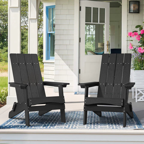 2 Black Folding Modern Adirondack Chairs on the porch