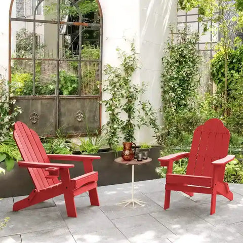 2 Red Foldable Adirondack Chairs with Cup Holder With Side Table