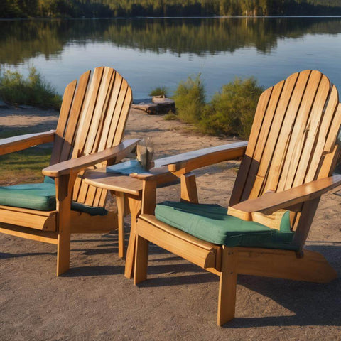 2 Wood Adirondack Chairs with Green Cushions