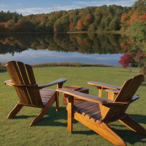 2 Wooden Traditional Adirondack Chairs at the Lake