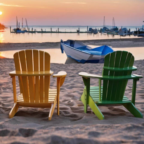 2 colorful adirondack chairs on beach with boats