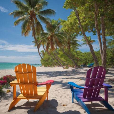 2 colorful adirondack chairs on tropical beach under palm trees