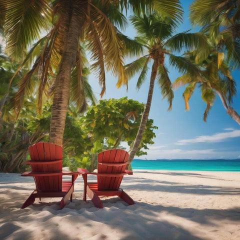 2 red adirondack chairs on tropical beach under a palm tree