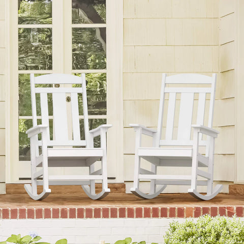 2 white Outdoor Adirondack Rocking Chairs on the porch