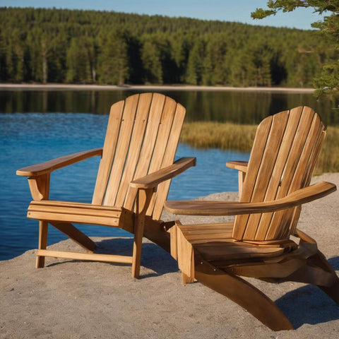 2 wooden adirondack chairs at the lake