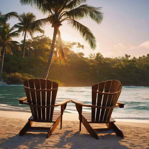 Adirondack chairs under the palm tree on tropical beach