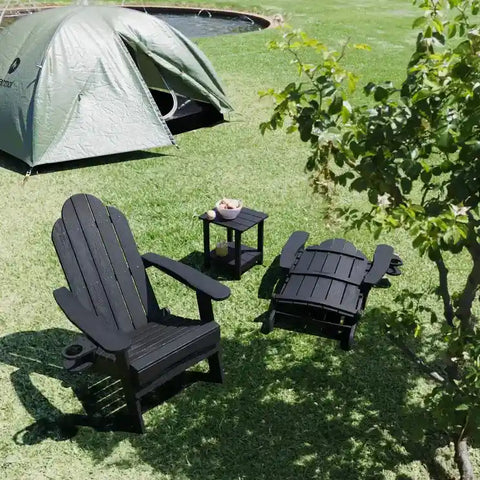 Black Foldable Adirondack Chair with Cup Holder with Side Table