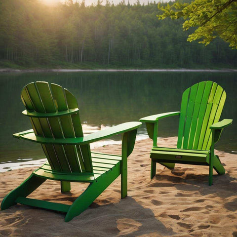 Green Adirondack Chairs near the lake