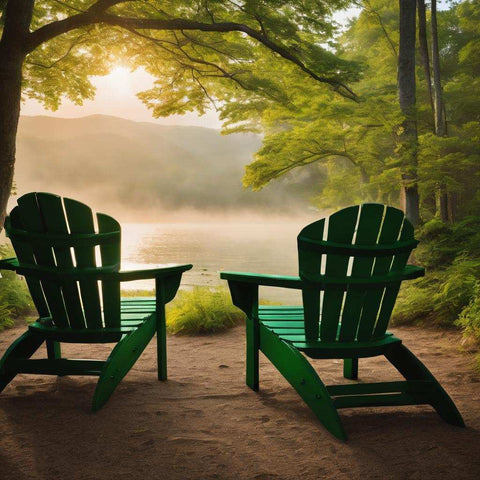 Green Retreat Adirondack chairs overlooking the lake