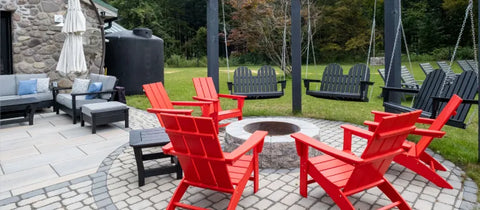 Modern Adirondack Chair in Sunset Red, Vineyard Adirondack 48″ Swing in Black, and Harbour Deep Seating Collection in Black and Grey Mist