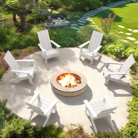 Set of 6 White Folding Modern Adirondack Chairs near the fire palce