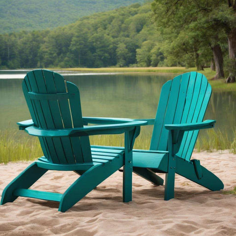 Teal Adirondack Chairs near the lake