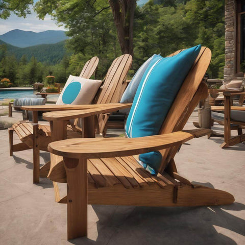 Wood Adirondack Chairs with Blue Cushions