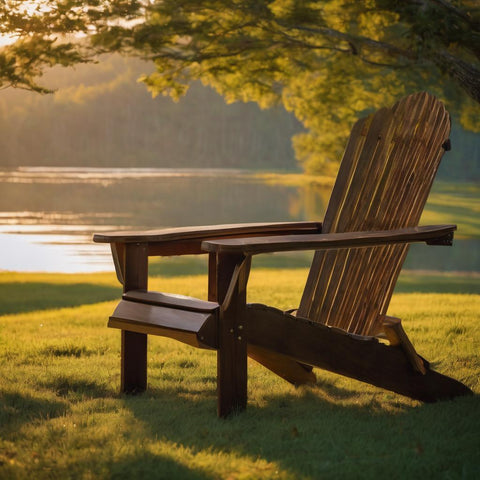 Wood Traditional Adirondack Chair Under the Tree near a Lake
