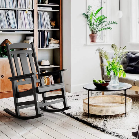 black Outdoor Adirondack Rocking Chair in living room