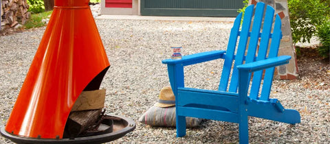 blue-hued Adirondacks surrounded by red accents and hints of yellow