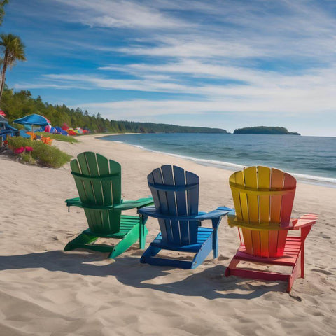 colorful adirondack chairs at the beach
