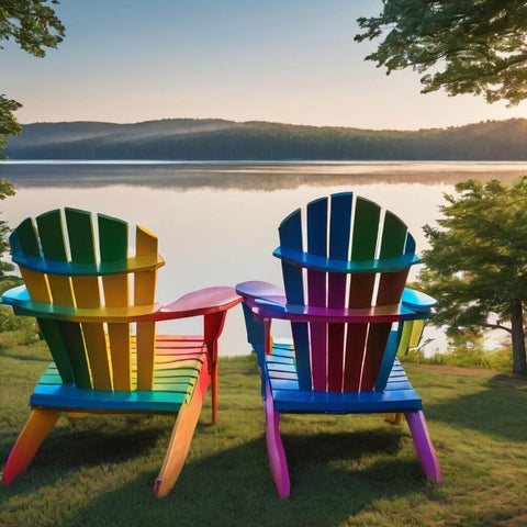multicolored adirondack chairs next to a lake with mountains