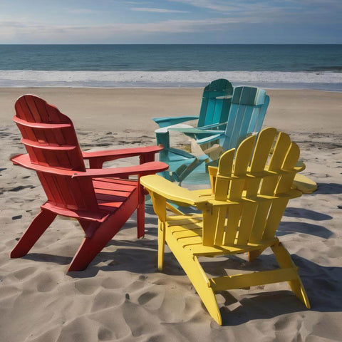 four colorful adirondack chairs on the beach