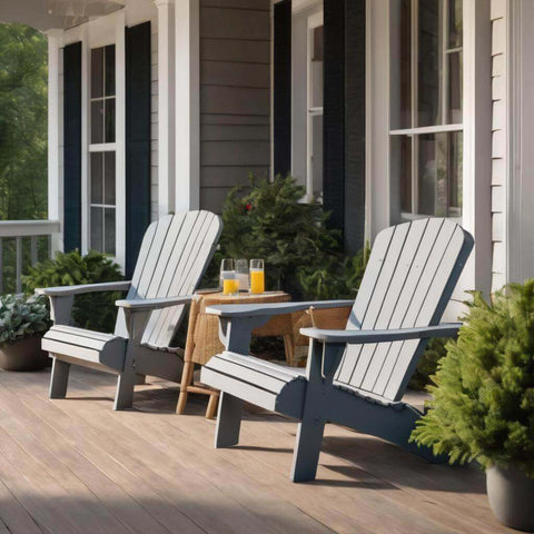 grey Adirondack chairs paired with muted decor in the patio