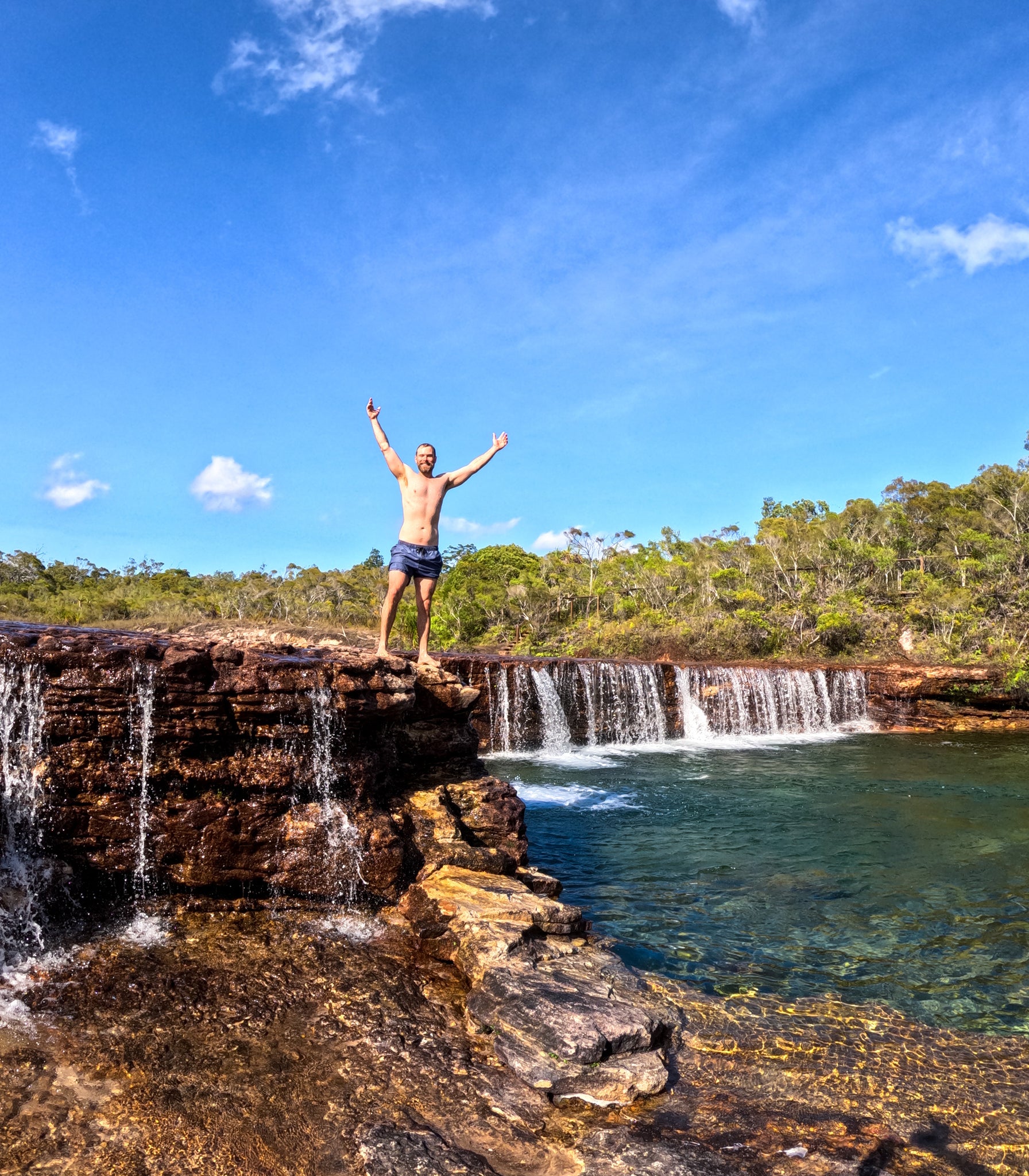 Matty on waterfall at Fruitbat Falls, Cape York