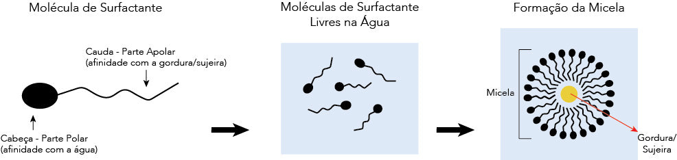 Ilustração esquematizando o mecanismo de funcionamento das moléculas de surfactantes/tensoativos na remoção da sujeira. 