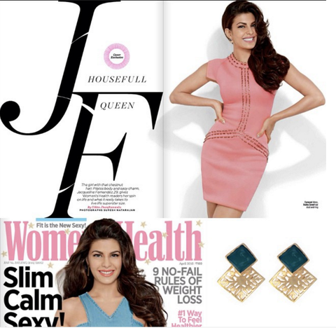 Jacqueline Fernandes wearing our jewelry on the cover and inside pages of Women's Health magazine