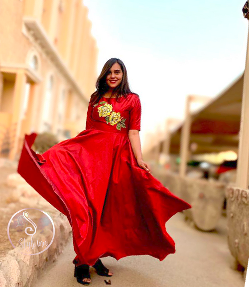 Long Red dress with Floral Painting