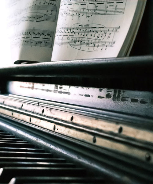 Piano keys with an open book of sheet music.