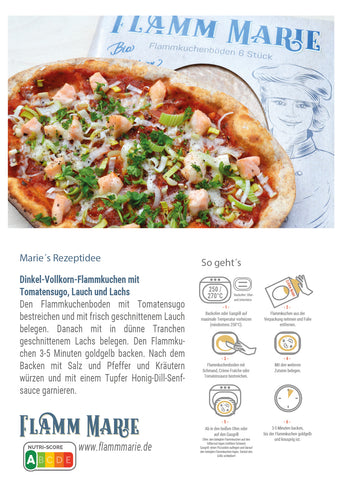 Flamm Marie´s Dinkel-Vollkorn-Flammkuchen mit  Tomatensugo, Lauch und Lachs