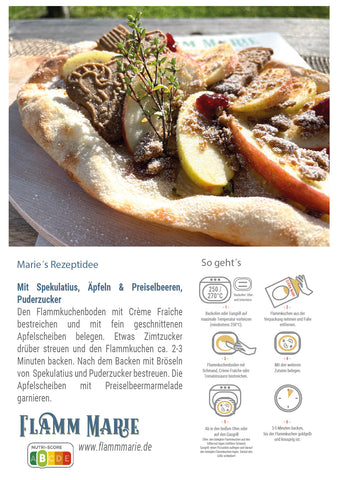 Flamm Marie´s Rezeptidee, Flammkuchen mit Spekulatius, Äpfeln & Preiselbeeren, Puderzucker