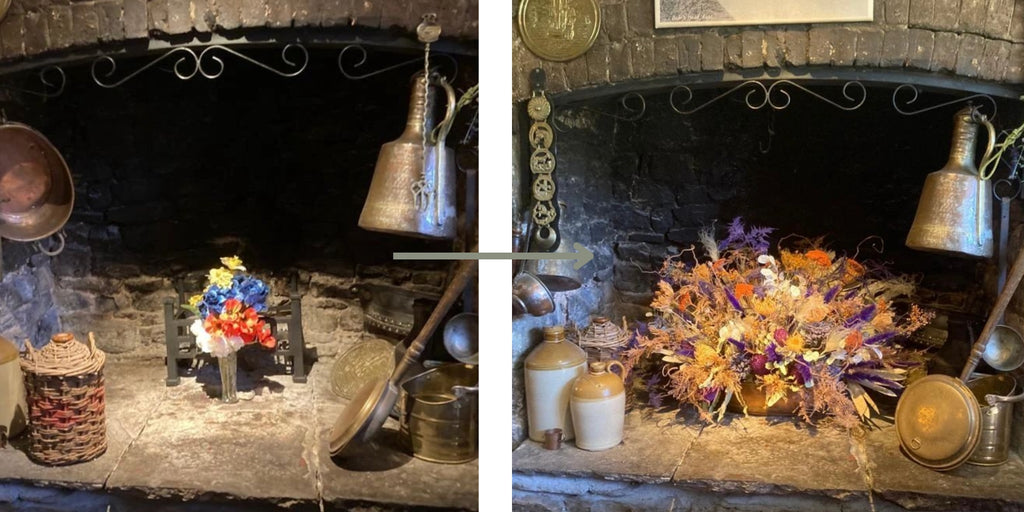 Photo showing the before and after of the fireplace. 